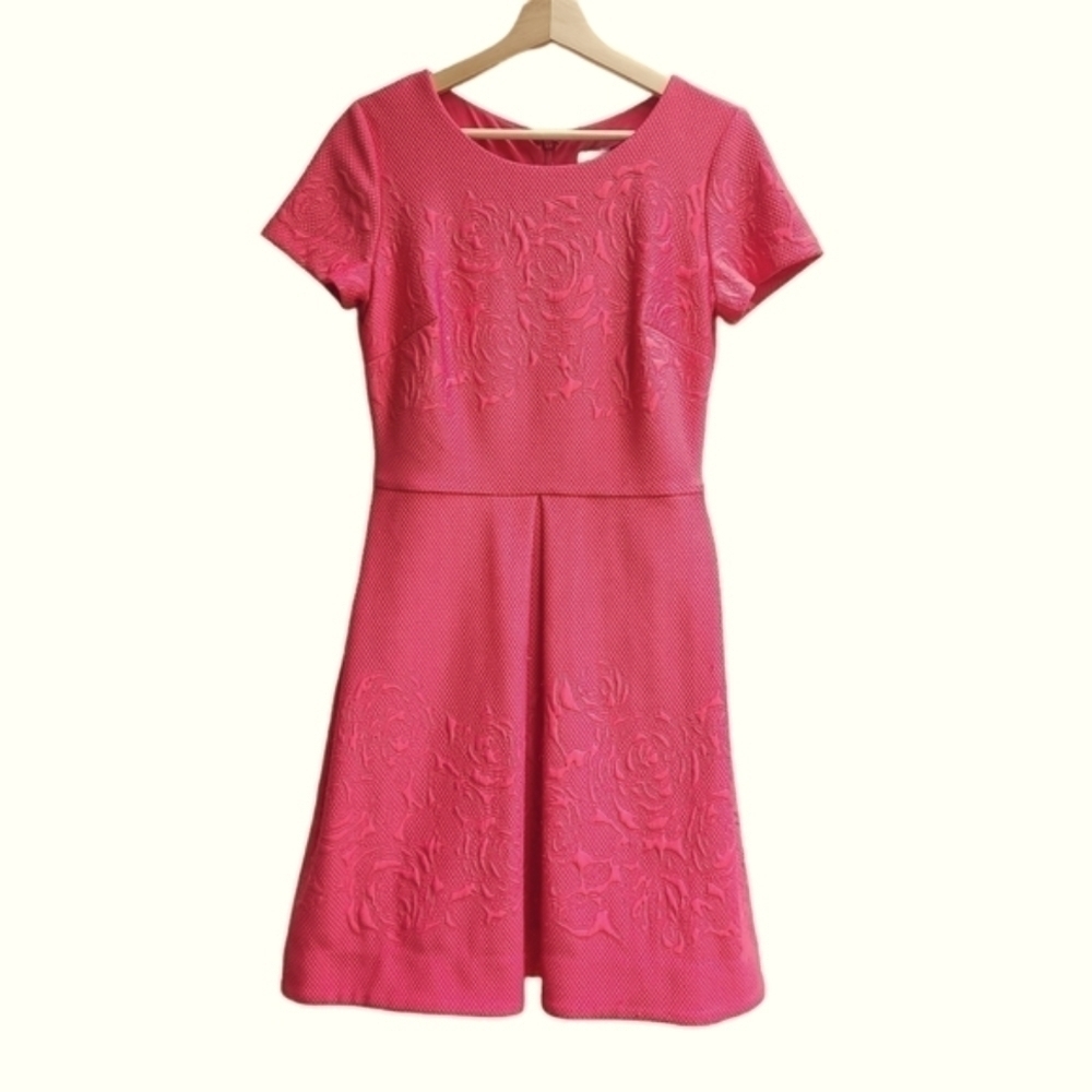 Just Taylor Quilted Embroidered Pink Fit and Flare Dress, Size Small